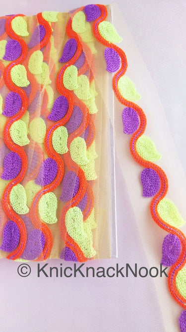 Wholesale Beige Net With Green, Purple And Orange Embroidery, Leaves Pattern Trim